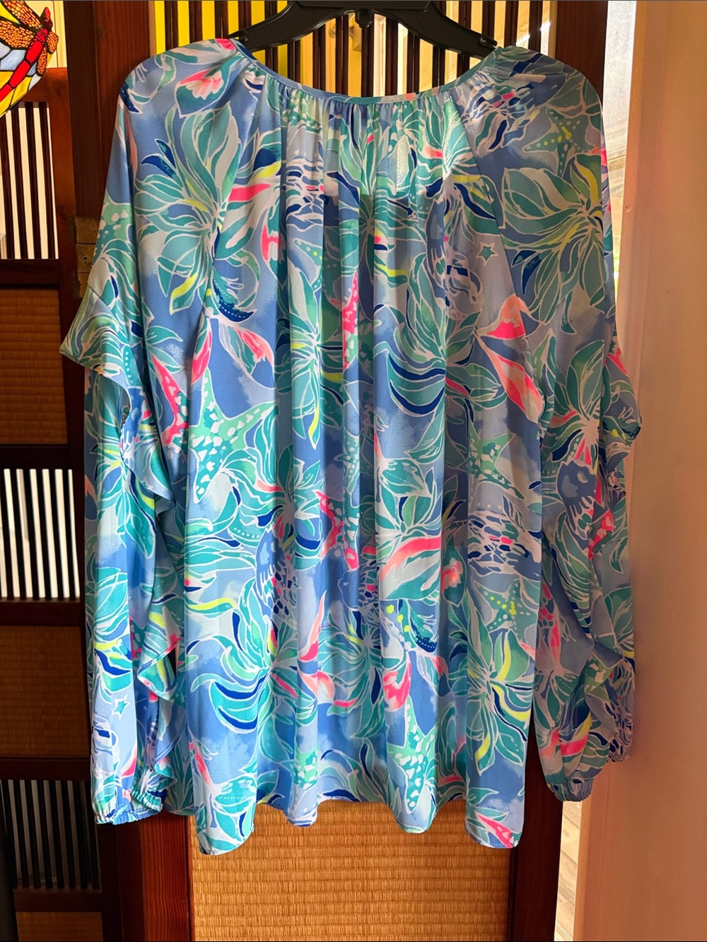 Lilly Pulitzer Light Blue Tropical Ruffle Peasant Blouse - Picture 3 of 4